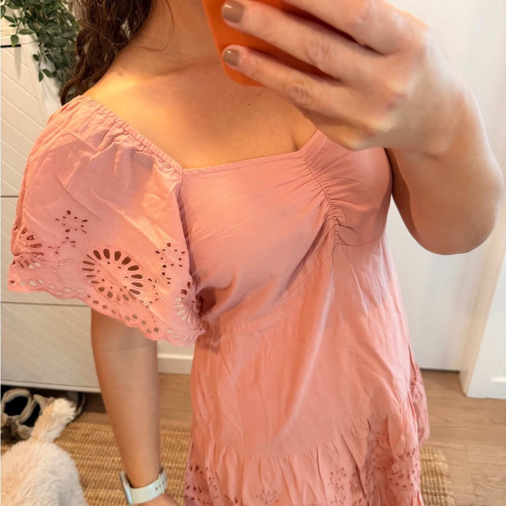 Off-Shoulder Pink Eyelet Midi Dress
